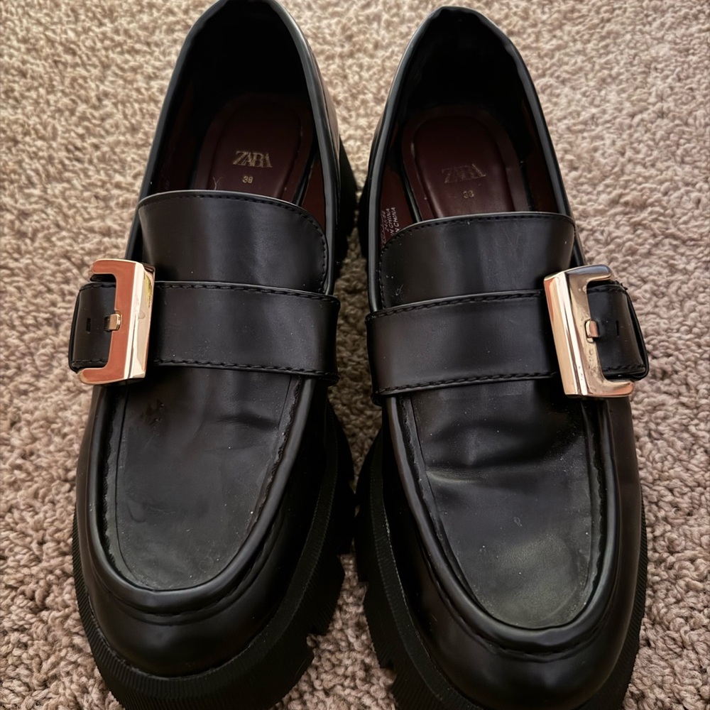 Zara Women’s Black Loafers with Gold Buckle